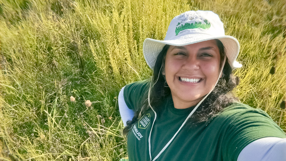 A person standing in a prairie filled with vibrant green vegetation.