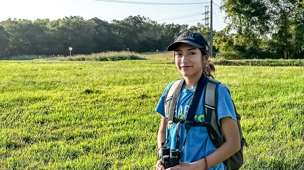 A person standing in a sunlit grassy field holding binoculars with a forested tree line in the background.