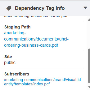 Screenshot of the Dependency Tag Info tools under Gadgets n open