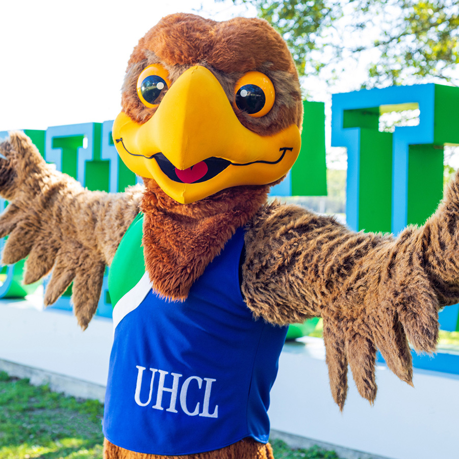Hunter the Hawk on campus at UHCL